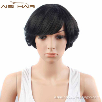 Factory Wholesale Price Short Black Wave Hair , Wigs With Side Bangs , Synthetic Pixie Cut Wigs For Black Women
